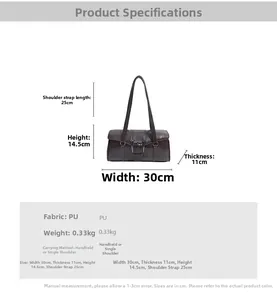 Detailed size chart for the vintage dark brown PU leather underarm bag with dimensions