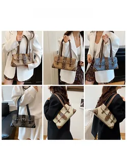 Collage of chic rivet shoulder bags in dark brown, blue, black and white on models