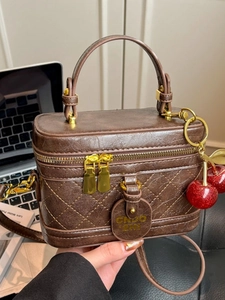 Women Vintage PU Leather Quilted Box Satchel Bag With Cherry Charm Retro Top Handle Crossbody Shoulder Bag For Daily Fashion