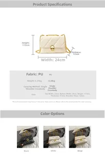 Detailed dimension guide and color options for the quilted chain shoulder bag with measurements