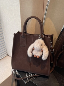 Women Minimalist PU Leather Tote Bag With Plush Rabbit Charm Fashion Stitching Crossbody Shoulder Bag Handbag Daily Use