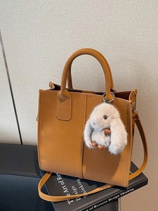 Chic camel faux leather small tote bag with detachable shoulder strap and bunny pendant