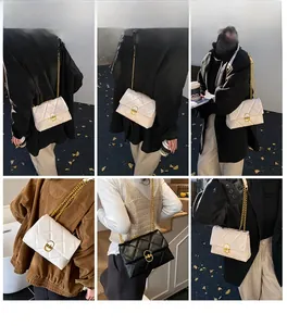 Detail of quilted hobo bags with gold chain straps shown in various styling scenarios