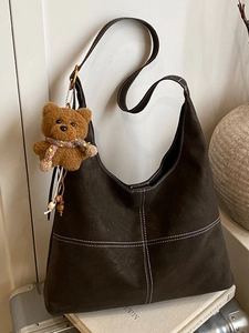 Borsa a Tracolla in Pelle PU Grande Capacità Vintage per Donna Borsa Tote con Cuciture a Contrasto Borsa Hobo Casual con Ciondolo a Orso