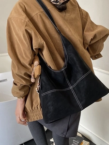 Borsa tote retrò nera con cuciture bianche a contrasto e grande capacità per il lavoro