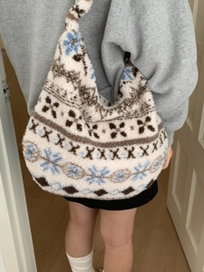Fuzzy shoulder tote bag with blue flowers and brown geometric patterns for winter