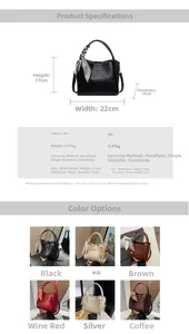 Tableau des tailles et vue multicolore du sac seau élégant en cuir synthétique