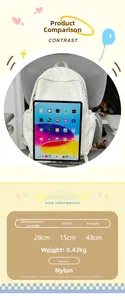 Detailed size specifications for the 28x15x43cm floral nylon school backpack showing dimensions