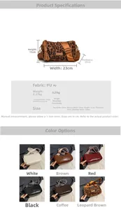 Detailed size chart and multi-color options for the vintage PU leather pillow bag