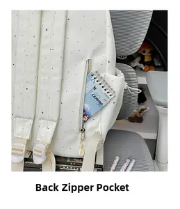 Detail of white canvas backpack featuring star patterns and rear anti-theft zipper pocket