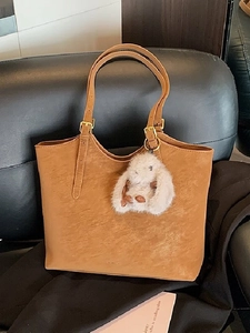 Large Capacity PU Leather Tote Bag For Women Vintage Shoulder Bag With Plush Rabbit Pendant Casual Commute Daily Bag