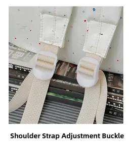 Macro shot of adjustable shoulder strap buckle on a white polka dot casual backpack