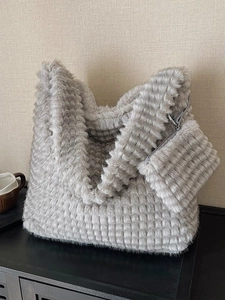 Light gray plush tote bag set with textured grid pattern and matching small pouch