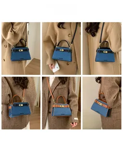 Mini denim and leather trapezoid handbag with gold twist lock shown in a lifestyle collage