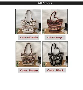 Detailed grid view of ethnic tote bags in beige, orange, brown and black fleece patterns