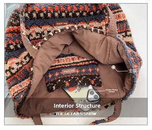 Detail of multi-color ethnic tote bag interior with spacious compartment and phone pocket