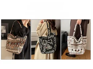 Three-panel detail of plush lamb wool tote bags featuring colorful ethnic pattern textures