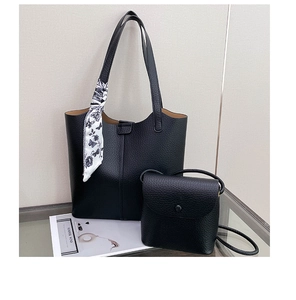 Black lychee leather tote and crossbody bag set with decorative butterfly print scarf
