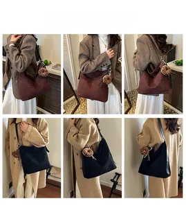 Tote bags in brown and black with plush charms shown in various crossbody wearing styles