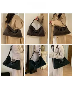 Collage of model wearing brown and black suede hobo tote bags with belt buckle details