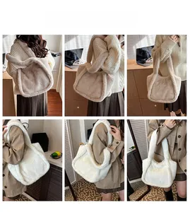 Detailed views of women's plush tote bag showing beige and off-white fuzzy textures
