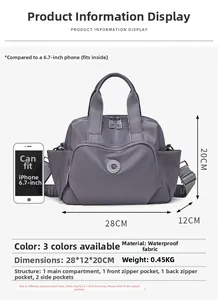 Size chart showing large waterproof nylon tote dimensions and phone capacity comparison