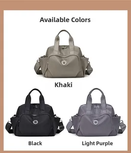 Three-piece nylon handbags set in khaki, black, and light purple with adjustable straps