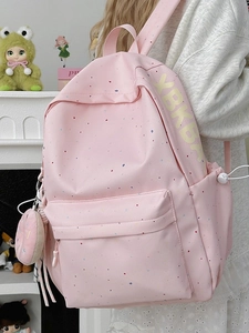 Pink student backpack with colorful dots, side XBKBA letter print and donut plush charm