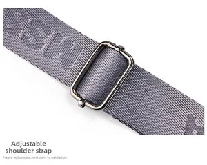 Detail of adjustable gray woven shoulder strap with anti-oxidation metal buckle