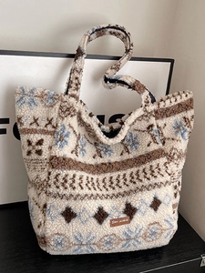 Women Large Capacity Tote Bag Sherpa Plush Ethnic Bohemian Geometric Fleece Winter Shoulder Bag Casual Commuting Students Handbag