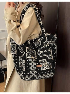 Ethnic contrast tote bag in black and white sherpa fleece with retro texture