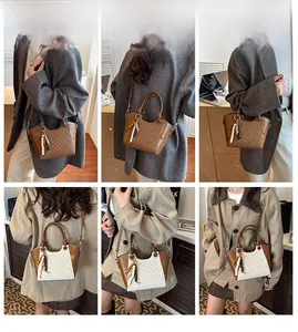 Collage schicker Beuteltaschen mit Knotengriffen und Perlenanhängern im Alltag