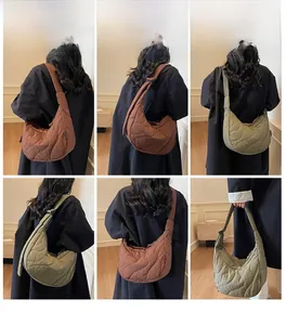 Quilted cotton crossbody bag shown in brown and green displayed in a 6-grid model lookbook