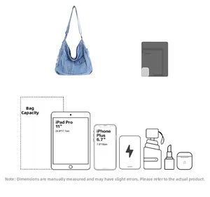 Macro detail of large capacity blue denim tote showing storage space and daily items
