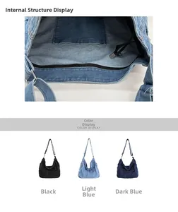 Detail of interior zipper pocket and color options in black, light blue, and deep blue denim