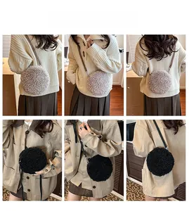 Detailed views of round faux shearling crossbody bag in beige and black colors