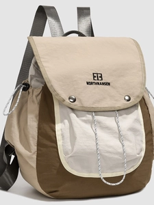 Three-color contrast nylon backpack with drawstring flap and metal buckle closures