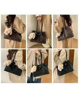 Detail shots of minimalist tote bags in brown and black with plush rabbit charm