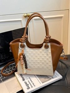 Sac Seau Damier Vintage pour Femmes en Simili Cuir Sac à Bandoulière Avec Pendentif en Perles de Bois Petit Sac à Main