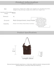 Detailed size chart for the PU leather tote bag with main and sub bag dimensions
