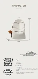 Detailed size chart of cream PU leather backpack with dimensions 31x13x39cm and cute bear charm