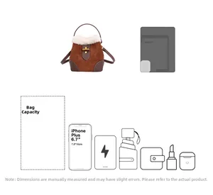 Guide de capacité du sac seau en daim marron montrant le rangement pour mobile 6,7 pouces