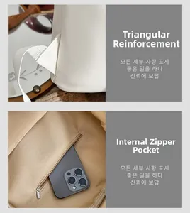Detail of reinforced triangle stitching and internal zipper pocket for smartphone storage