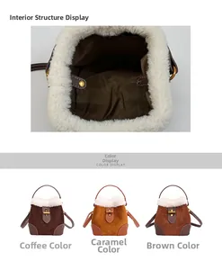 Détail de l'intérieur du sac seau en peluche daim avec bouton pression et coloris