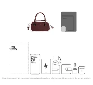 Guide de capacité du sac bowling marron montrant l'espace pour téléphone 6.7 pouces