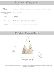 Detailed size chart for nylon tote bag showing dimensions 35x11x26cm and capacity