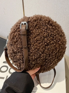 Women's Winter Faux Lambswool Circle Shoulder Bag Teddy Plush Small Round Crossbody Purse With Adjustable Strap