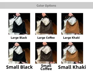 Detailed view of women's retro tote bags in black, coffee, and khaki across two sizes