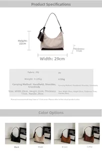 Detailed size specifications and color options for the vintage PU leather hobo bag