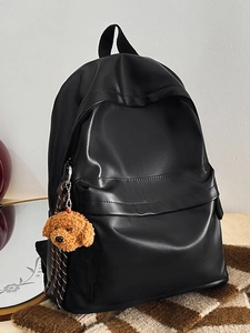 Women Large Capacity Minimalist PU Leather Backpack Fashion School Bag Casual Travel Daypack With Cute Plush Bear Pendant